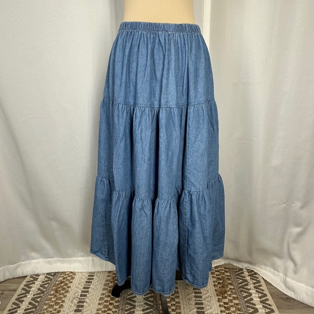 Vintage Blues Tiered Denim Maxi Skirt Elastic Waist Sz M/L Western Prairie READ - Picture 3 of 8